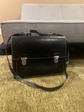 Black Leather Italian Messenger Bag with Silver Hardware